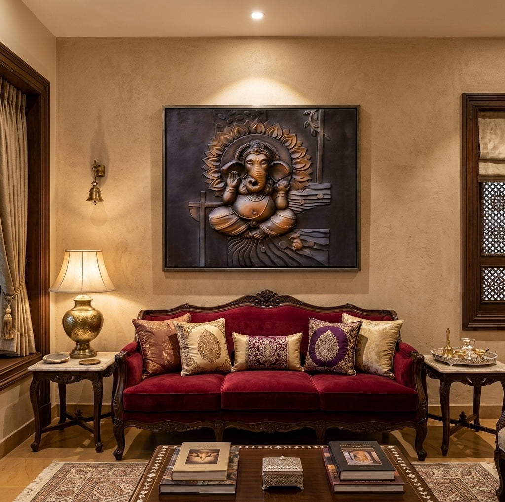 Divine Ganesha Blessing 3D Relief Sculpture Panel - Room Mockup 1