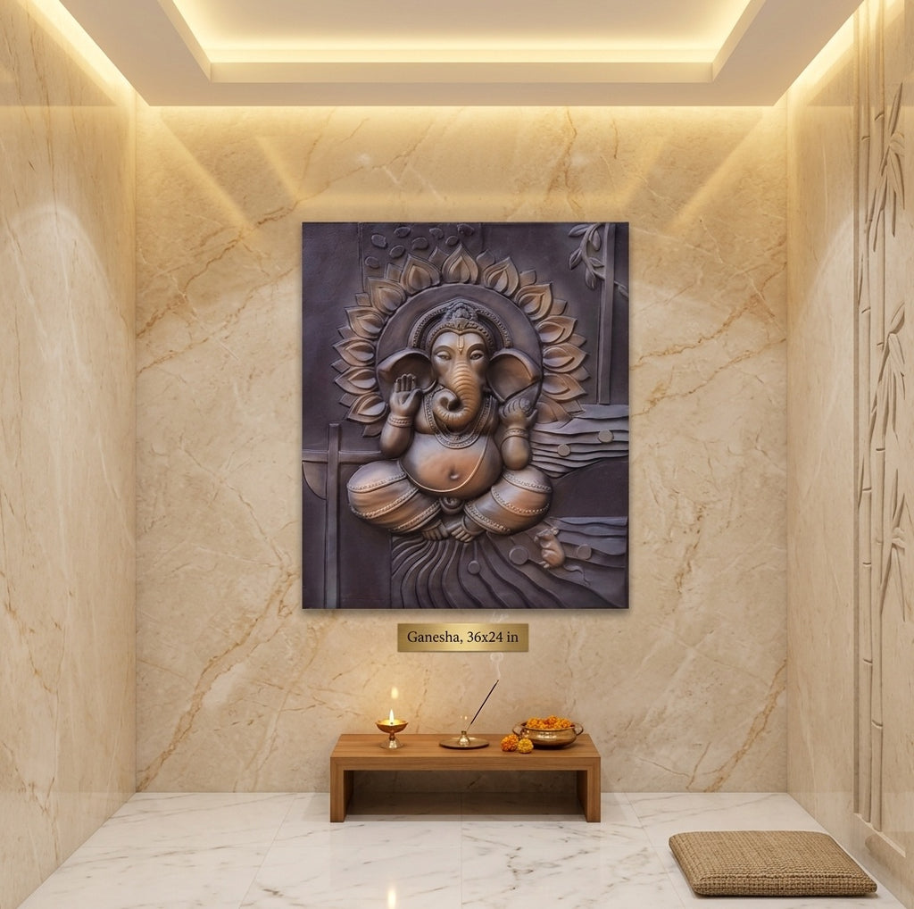 Divine Ganesha Blessing 3D Relief Sculpture Panel - Room Mockup 2