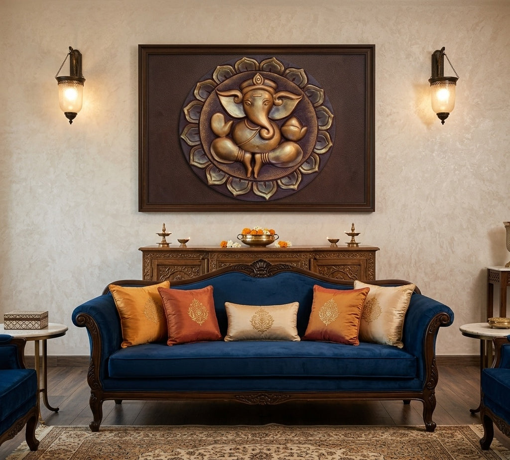 Divine Ganesha Lotus 3D Relief Circular Wall Art - Room Mockup 1