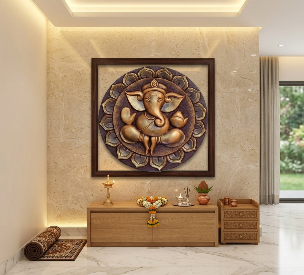 Divine Ganesha Lotus 3D Relief Circular Wall Art - Room Mockup 2