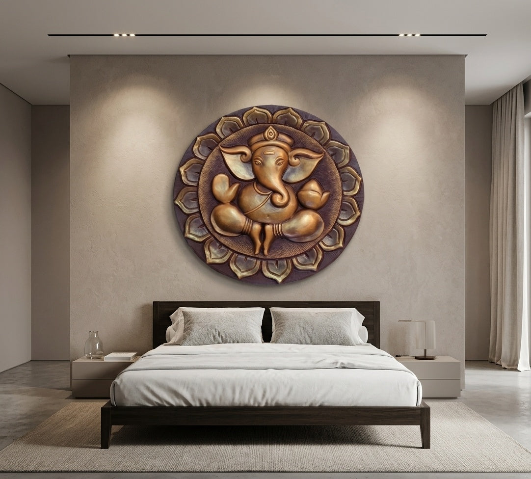 Divine Ganesha Lotus 3D Relief Circular Wall Art - Room Mockup 3