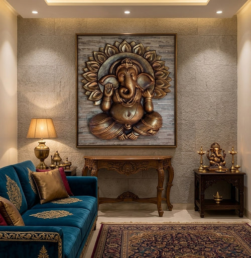Blessing Ganesha 3D Relief Wall Art Panel - Room Mockup 1