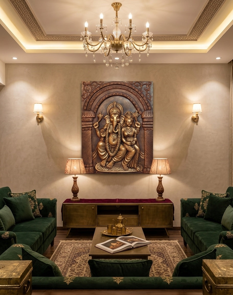 Divine Lakshmi Ganesha 3D Relief Mural Wall Art - Room Mockup 1