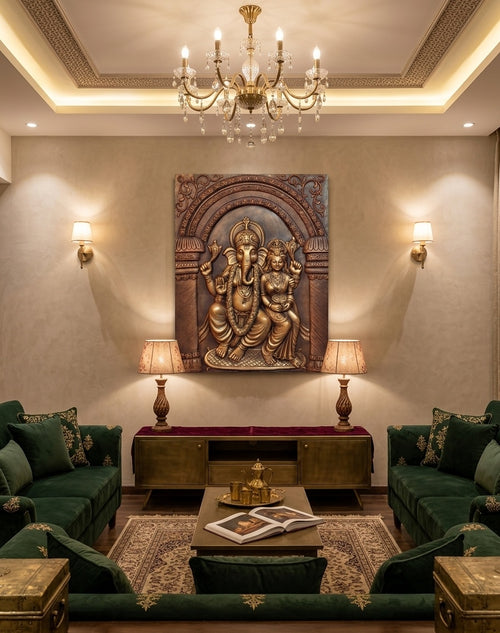 Divine Lakshmi Ganesha 3D Relief Mural Wall Art - Room Mockup 1
