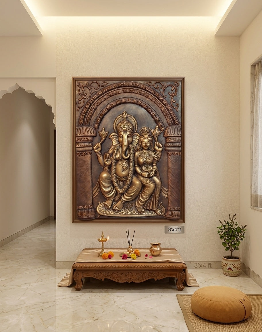 Divine Lakshmi Ganesha 3D Relief Mural Wall Art - Room Mockup 2