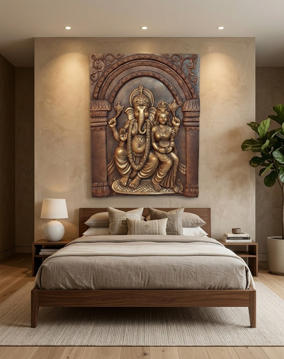 Divine Lakshmi Ganesha 3D Relief Mural Wall Art - Room Mockup 3