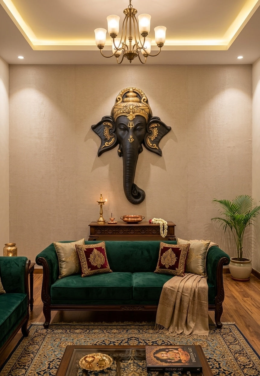 Divine Ganesha Face 3D Relief Wall Art Sculpture - Room Mockup 1