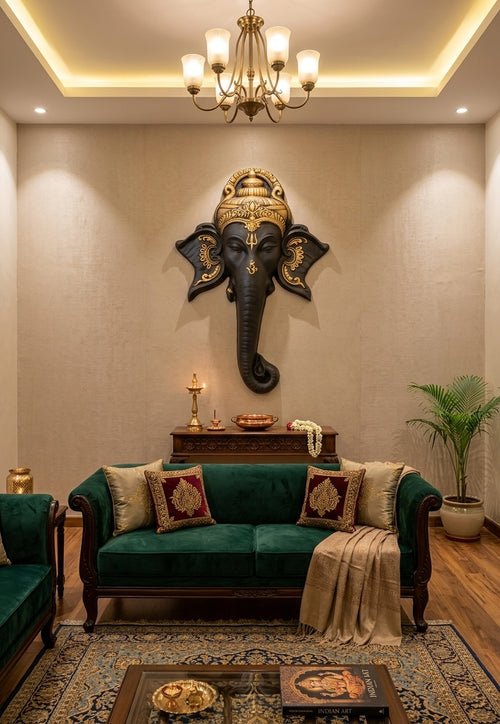 Divine Ganesha Face 3D Relief Wall Art Sculpture - Room Mockup 1