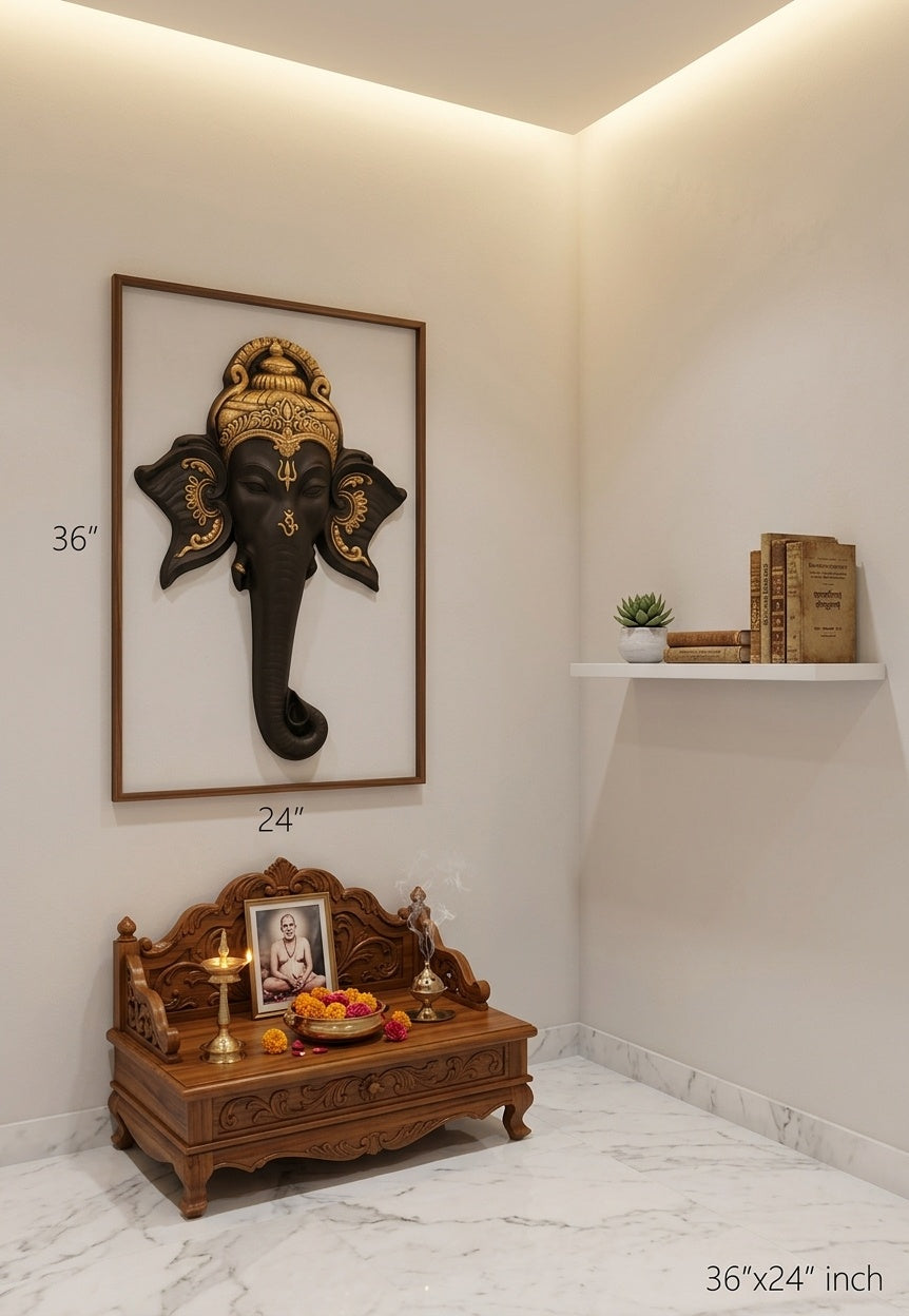 Divine Ganesha Face 3D Relief Wall Art Sculpture - Room Mockup 2