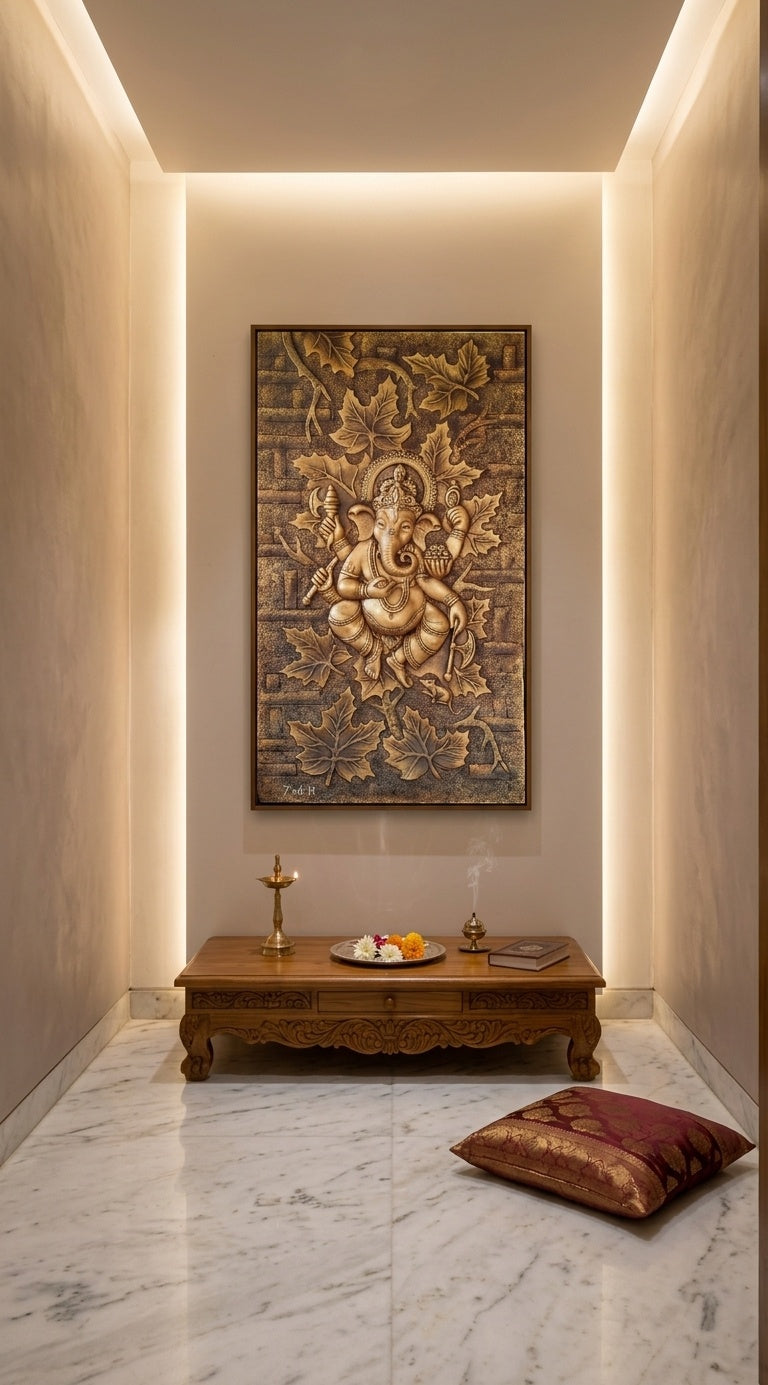 Lord Ganesha Maple Leaf 3D Relief Wall Art Mural - Room Mockup 2