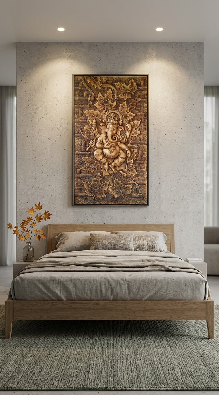 Lord Ganesha Maple Leaf 3D Relief Wall Art Mural - Room Mockup 3
