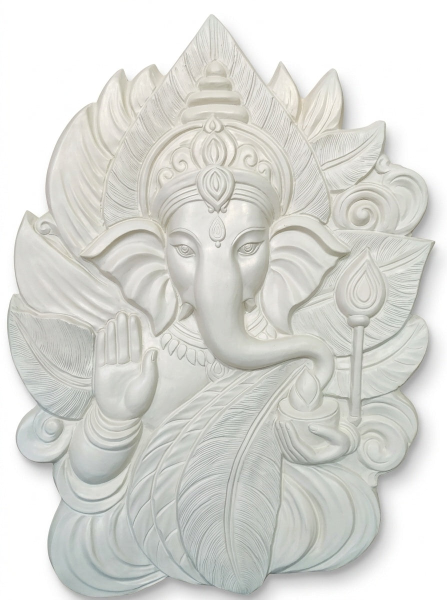 Ganesha Blessing 3D Relief Wall Panel (White Matte) - Studio Detail