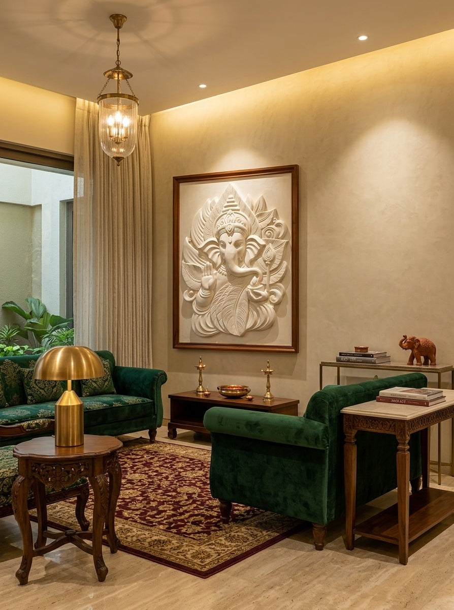 Ganesha Blessing 3D Relief Wall Panel (White Matte) - Room Mockup 1