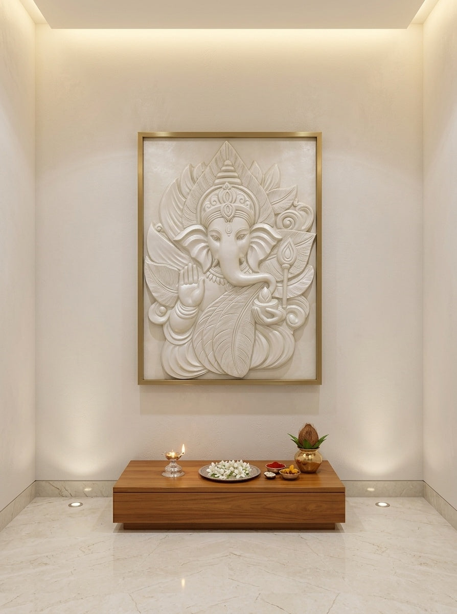 Ganesha Blessing 3D Relief Wall Panel (White Matte) - Room Mockup 2