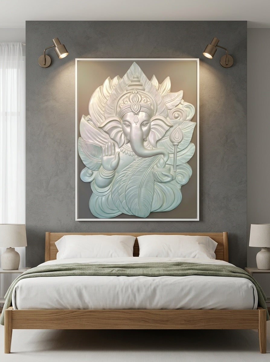 Ganesha Blessing 3D Relief Wall Panel (White Matte) - Room Mockup 3
