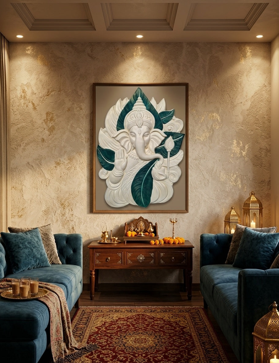 Blessing Ganesha on Leaf 3D Relief Mural Wall Art - Room Mockup 1