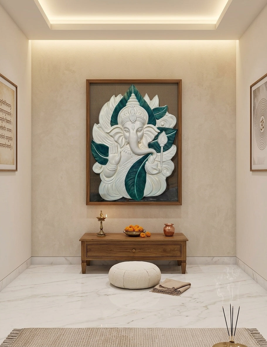 Blessing Ganesha on Leaf 3D Relief Mural Wall Art - Room Mockup 2