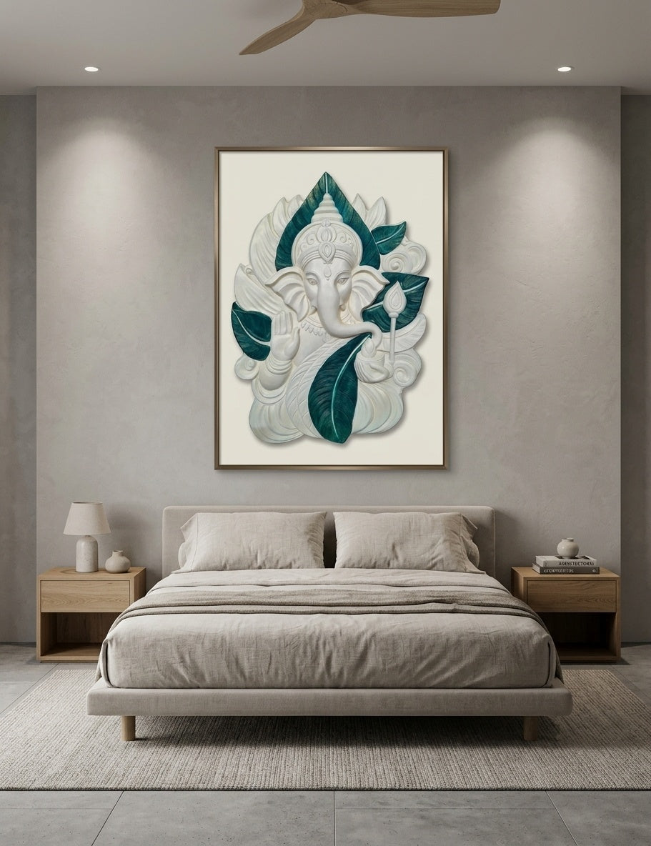 Blessing Ganesha on Leaf 3D Relief Mural Wall Art - Room Mockup 3