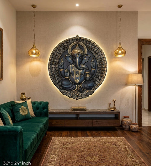 Blessing Lord Ganesha 3D Relief Round Wall Art Panel - Room Mockup 1