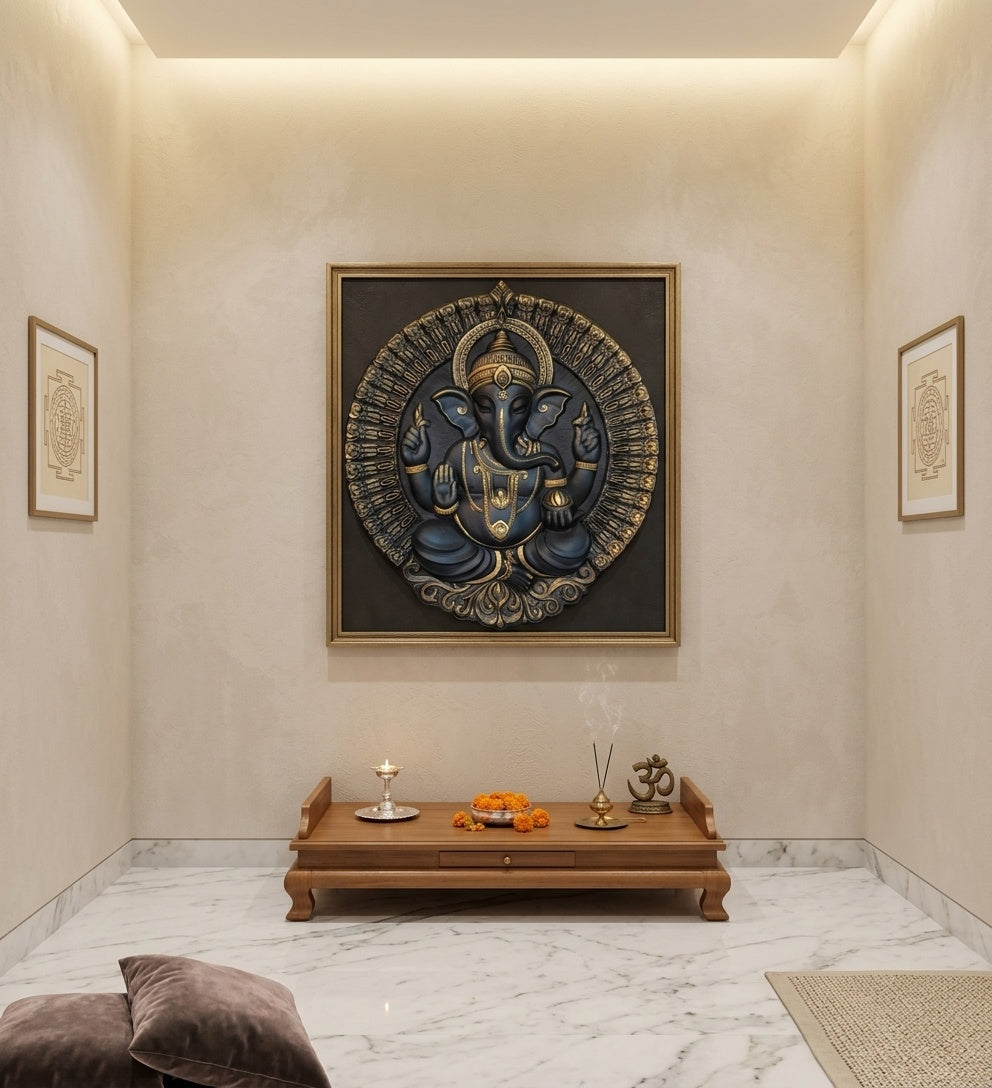 Blessing Lord Ganesha 3D Relief Round Wall Art Panel - Room Mockup 2