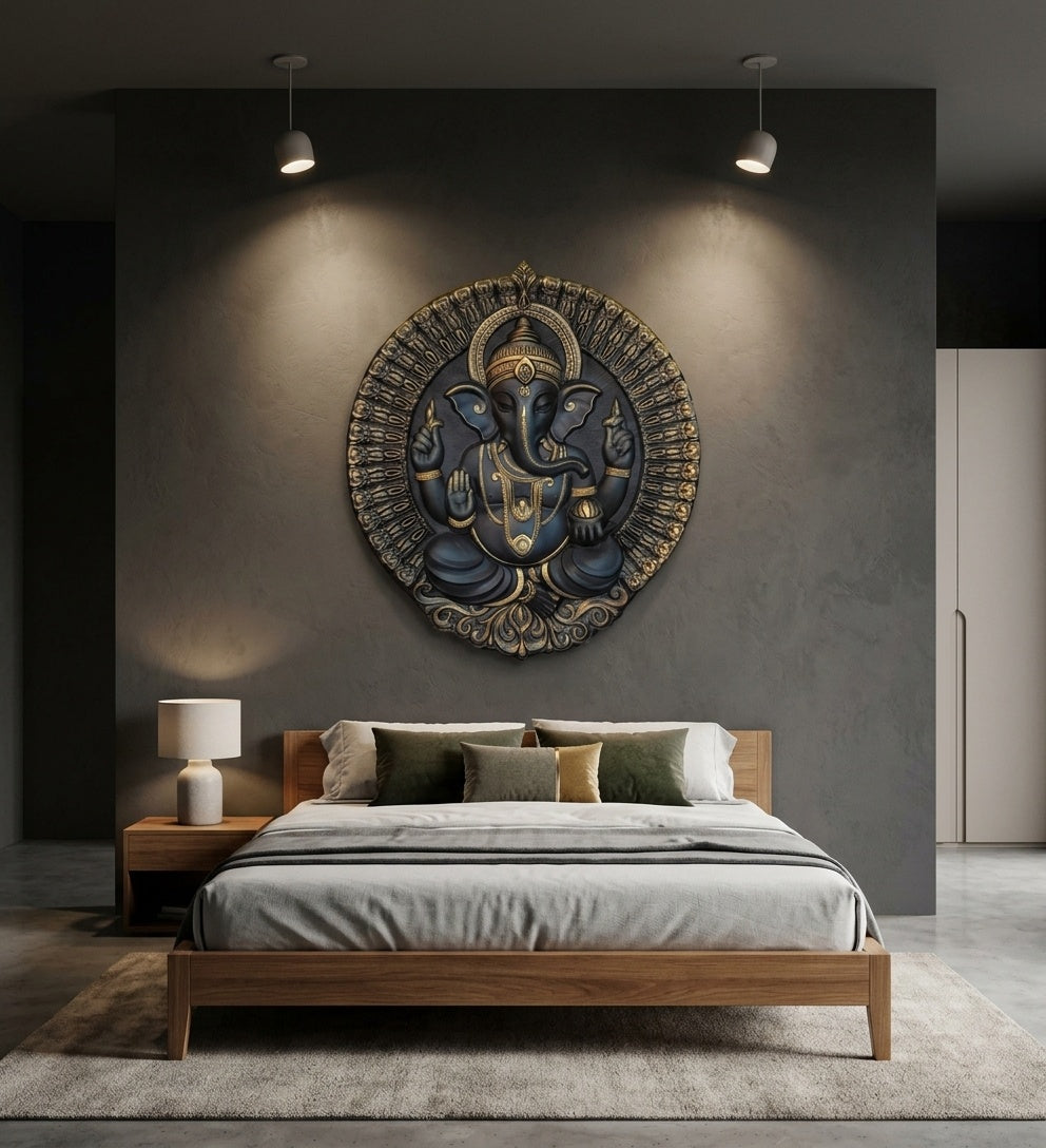 Blessing Lord Ganesha 3D Relief Round Wall Art Panel - Room Mockup 3