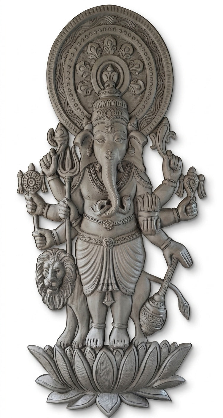 Simha Ganesha Standing on Lotus 3D Relief Wall Art Panel - Studio Detail