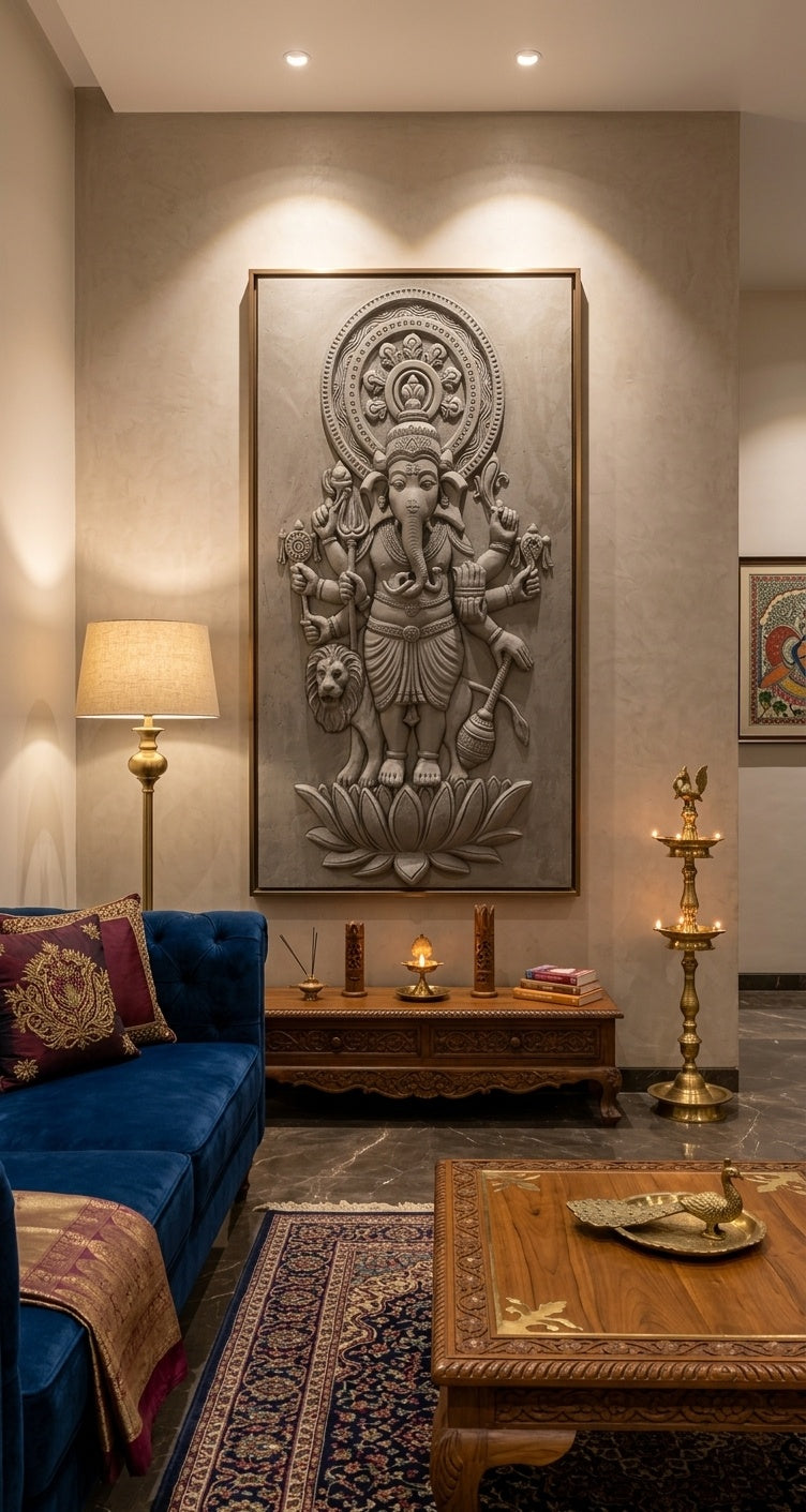 Simha Ganesha Standing on Lotus 3D Relief Wall Art Panel - Room Mockup 1