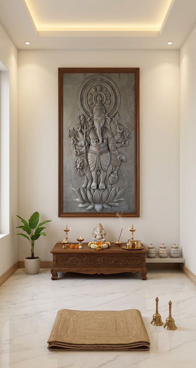 Simha Ganesha Standing on Lotus 3D Relief Wall Art Panel - Room Mockup 2