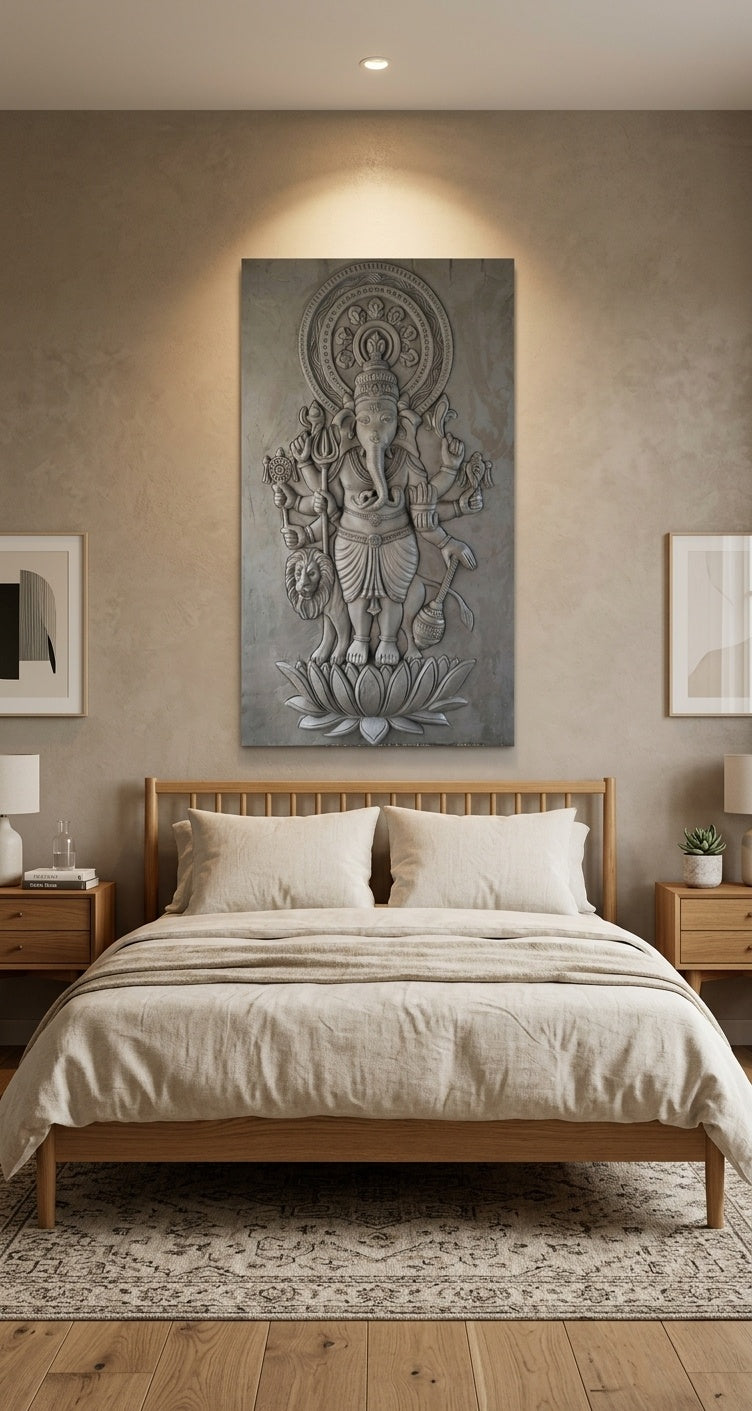 Simha Ganesha Standing on Lotus 3D Relief Wall Art Panel - Room Mockup 3