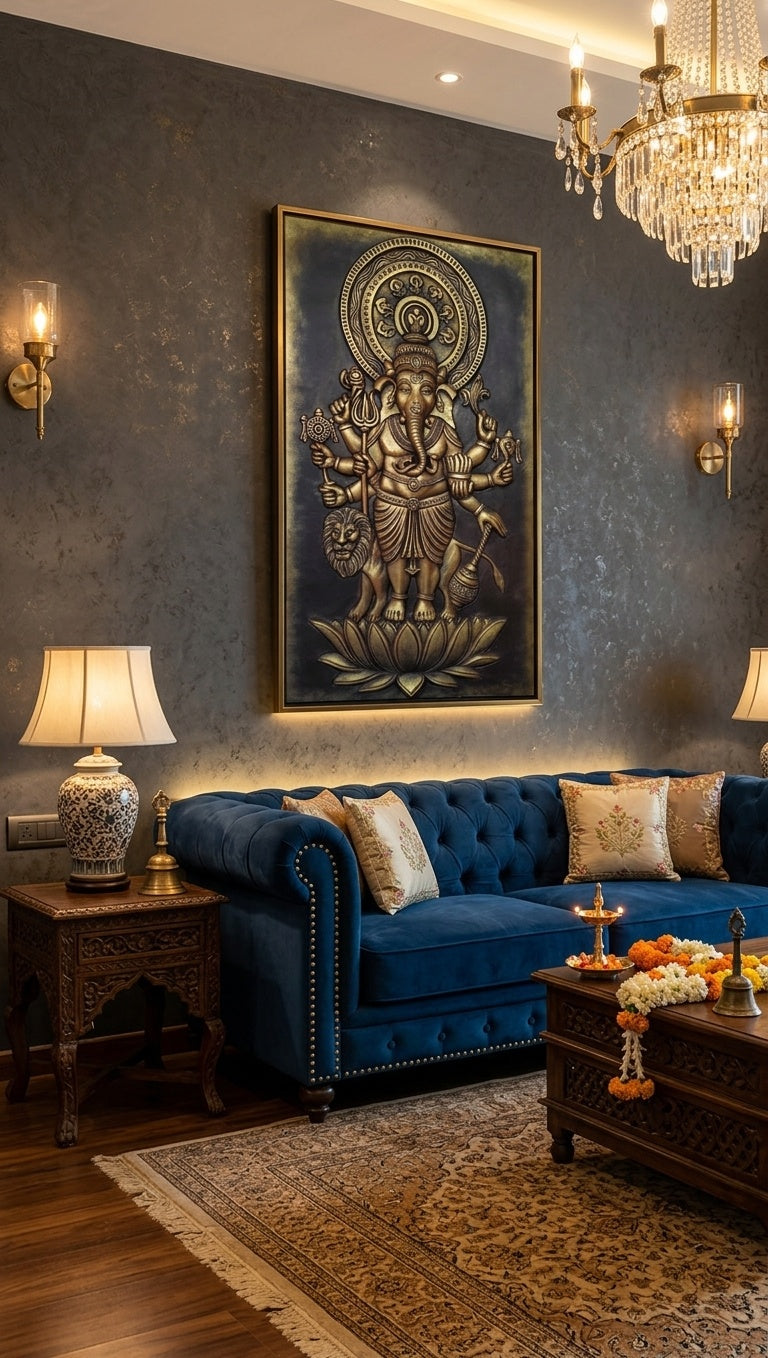 Eight-Armed Ganesha with Lion 3D Relief Sculpture Panel - Room Mockup 1