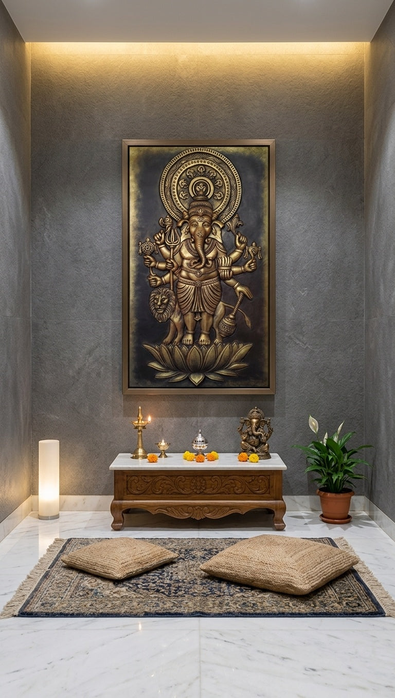 Eight-Armed Ganesha with Lion 3D Relief Sculpture Panel - Room Mockup 2