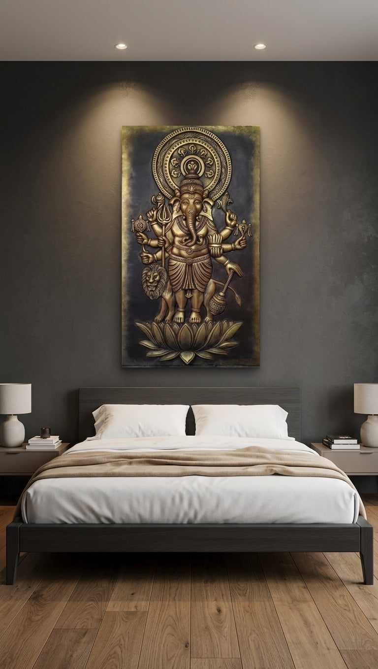 Eight-Armed Ganesha with Lion 3D Relief Sculpture Panel - Room Mockup 3