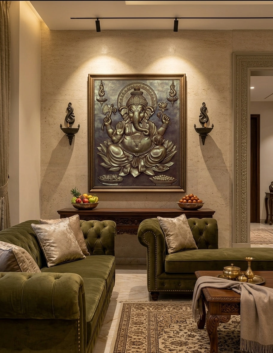 Divine Ganesha Blessing 3D Relief Sculpture Panel - Room Mockup 1