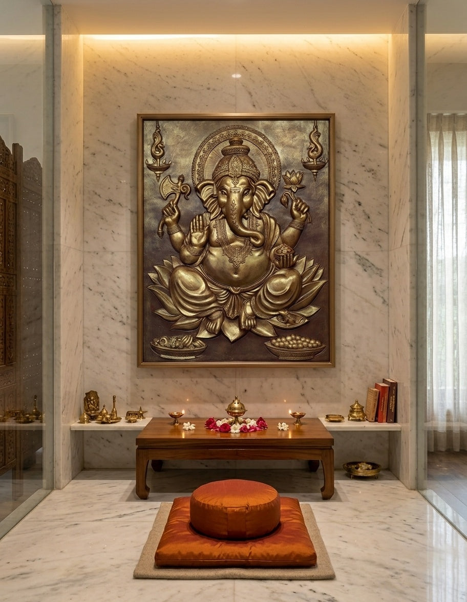 Divine Ganesha Blessing 3D Relief Sculpture Panel - Room Mockup 2