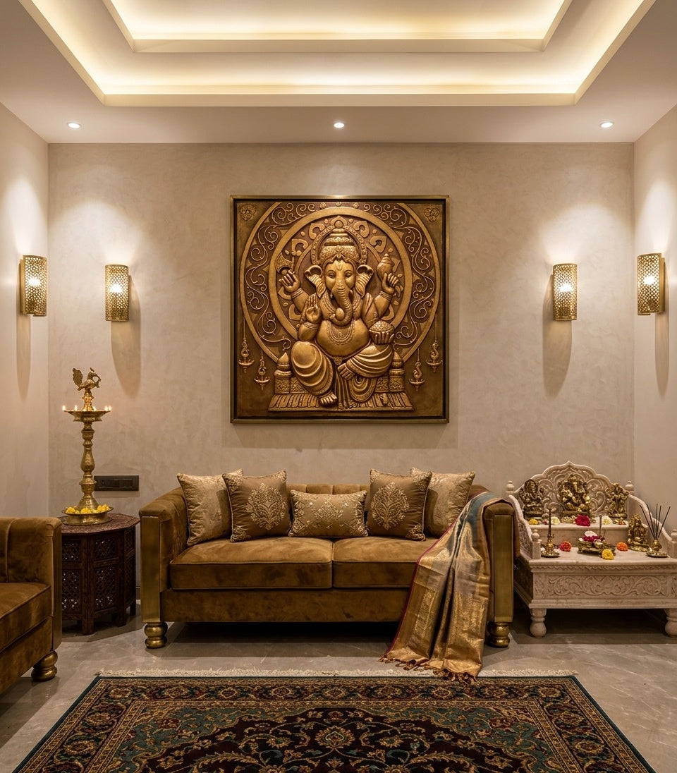Divine Lord Ganesha 3D Relief Sculpture Wall Art - Room Mockup 1