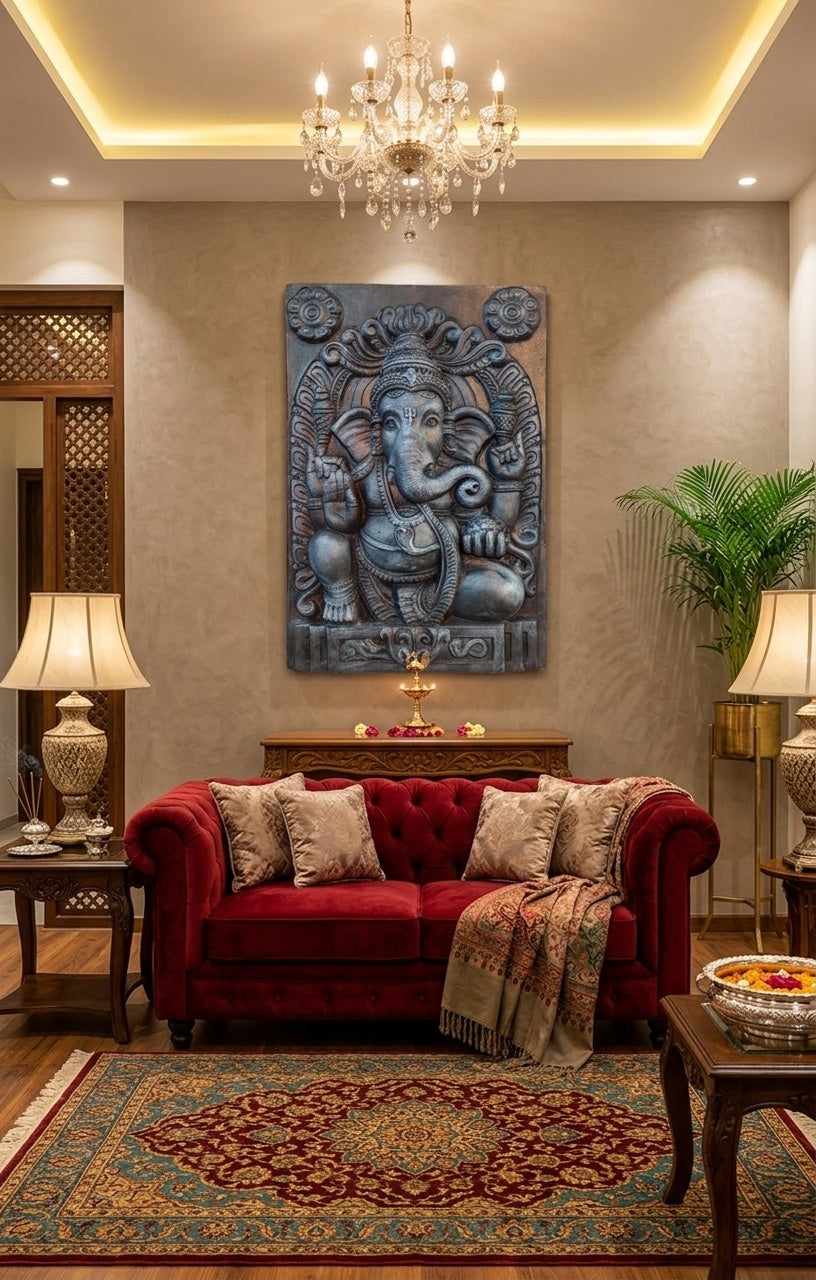 Ganesha Blessing 3D Relief Mural Wall Art Panel - Room Mockup 1