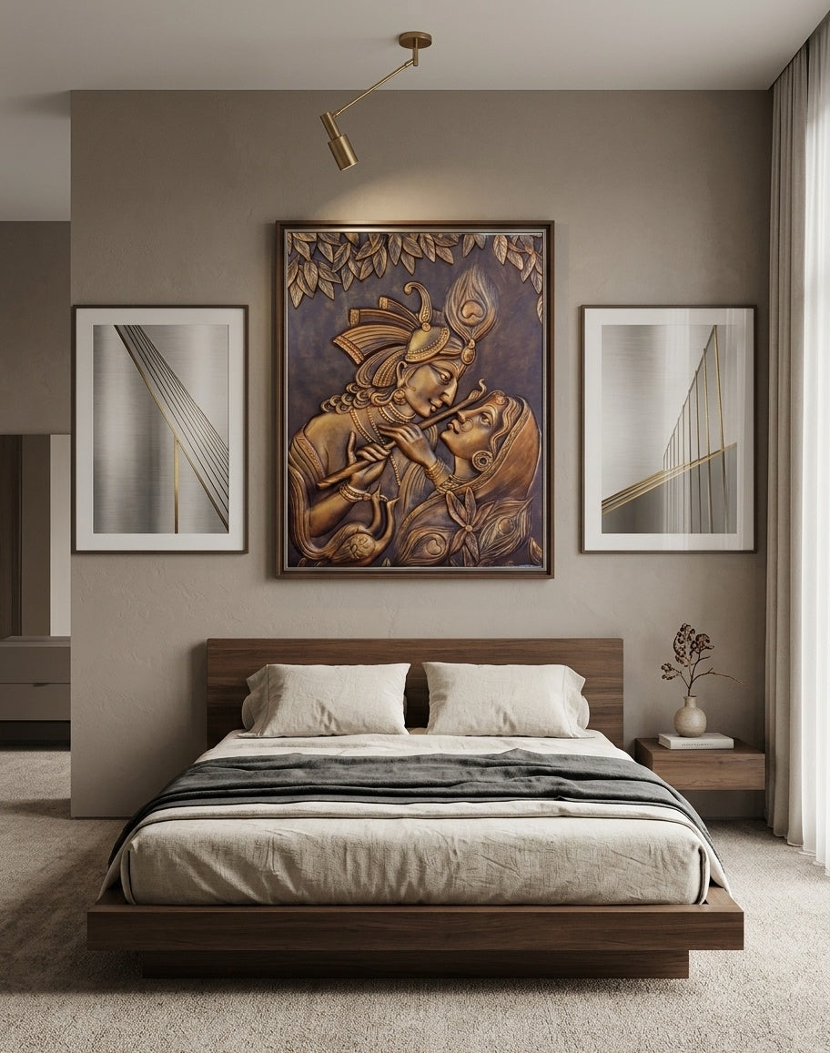 Radha Krishna Divine Love 3D Relief Mural Wall Art - Room Mockup 3