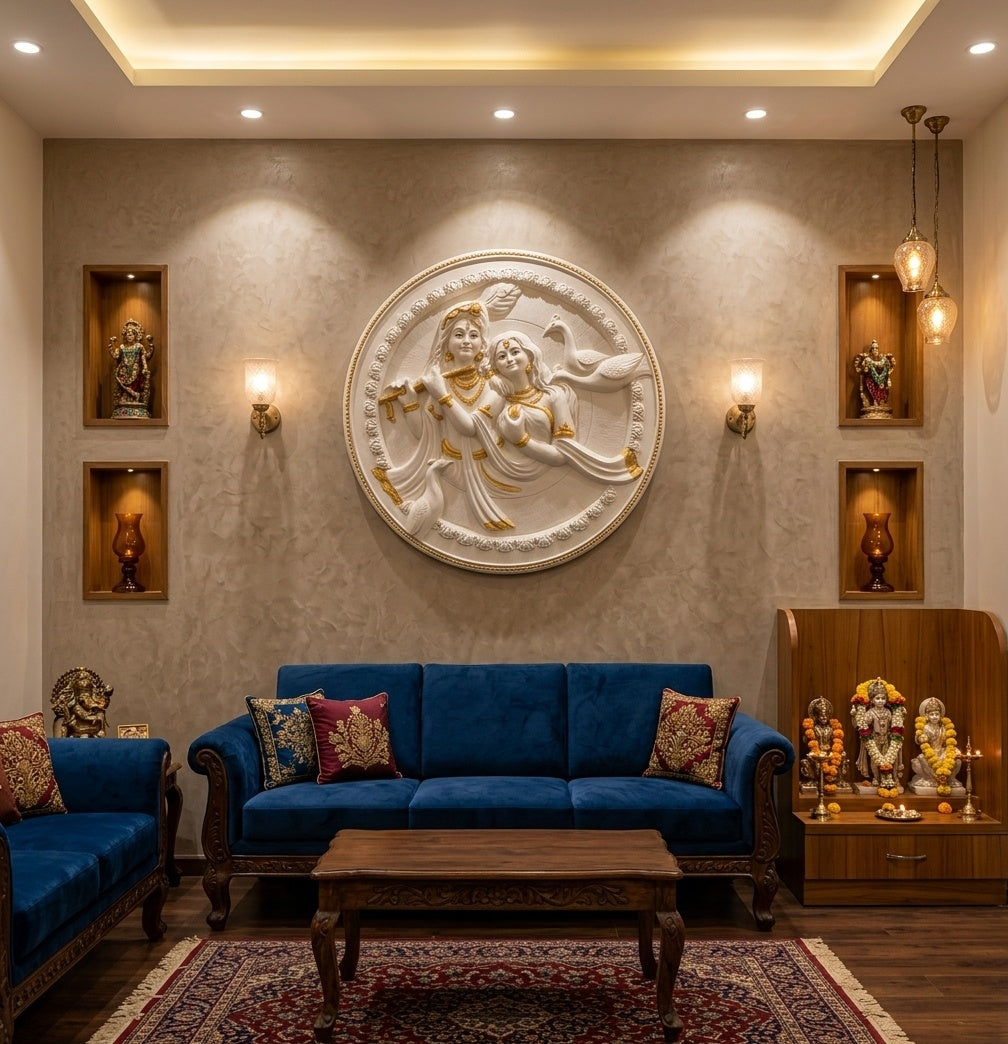 Radha Krishna 3D Relief Round Wall Art Panel - Room Mockup 1