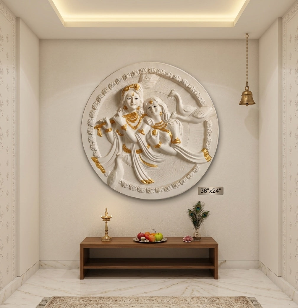 Radha Krishna 3D Relief Round Wall Art Panel - Room Mockup 2