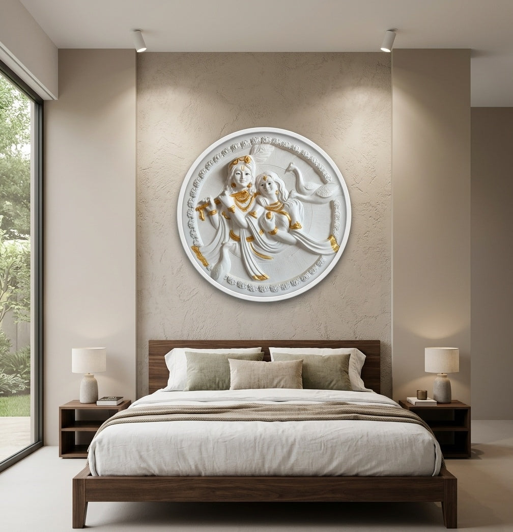Radha Krishna 3D Relief Round Wall Art Panel - Room Mockup 3