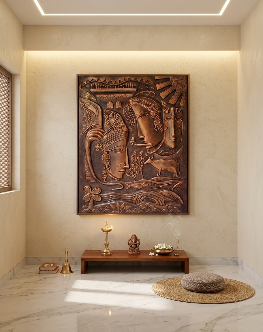 Radha Krishna Divine Love 3D Relief Mural Wall Art - Room Mockup 2