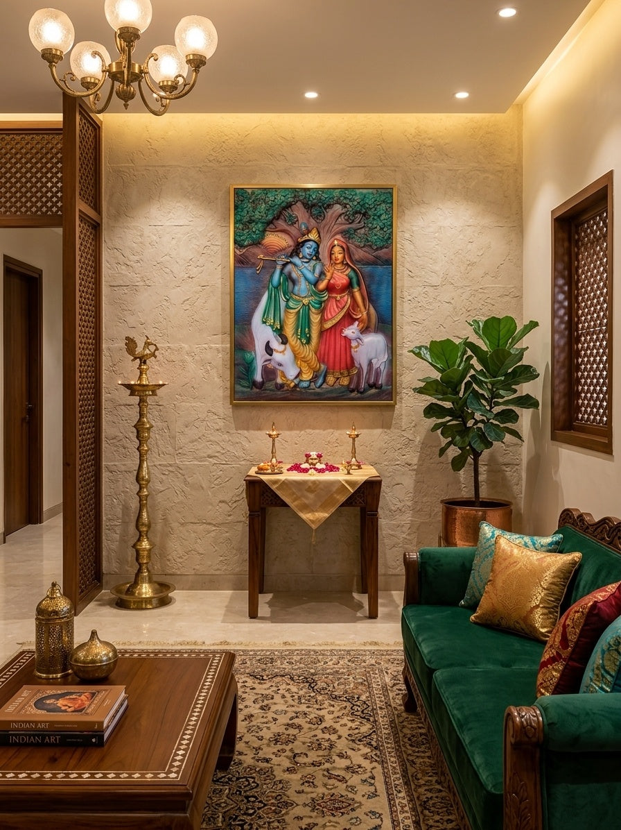 Radha Krishna with Cow 3D Relief Sculpture Panel - Room Mockup 1