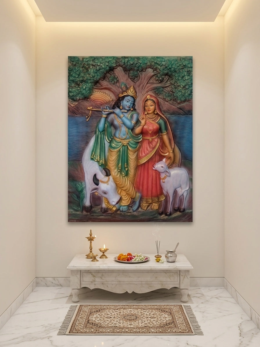 Radha Krishna with Cow 3D Relief Sculpture Panel - Room Mockup 2
