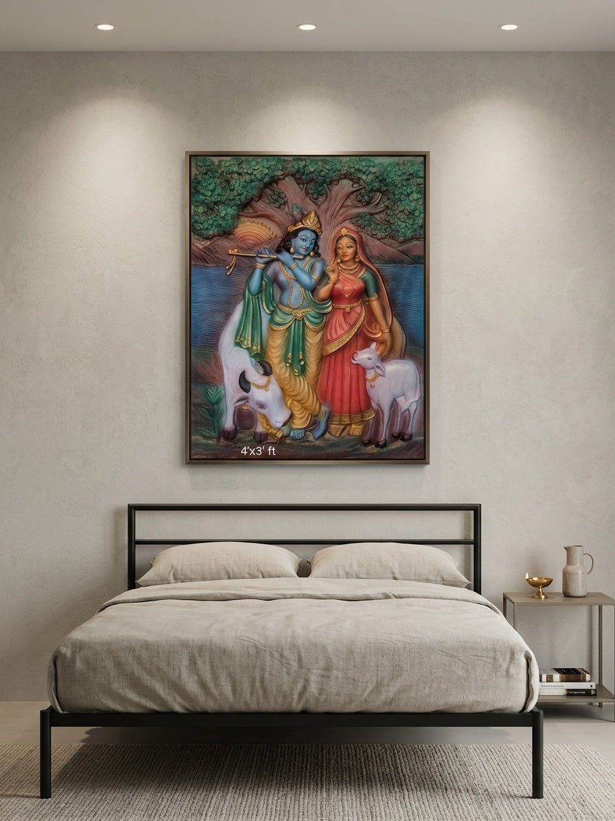 Radha Krishna with Cow 3D Relief Sculpture Panel - Room Mockup 3