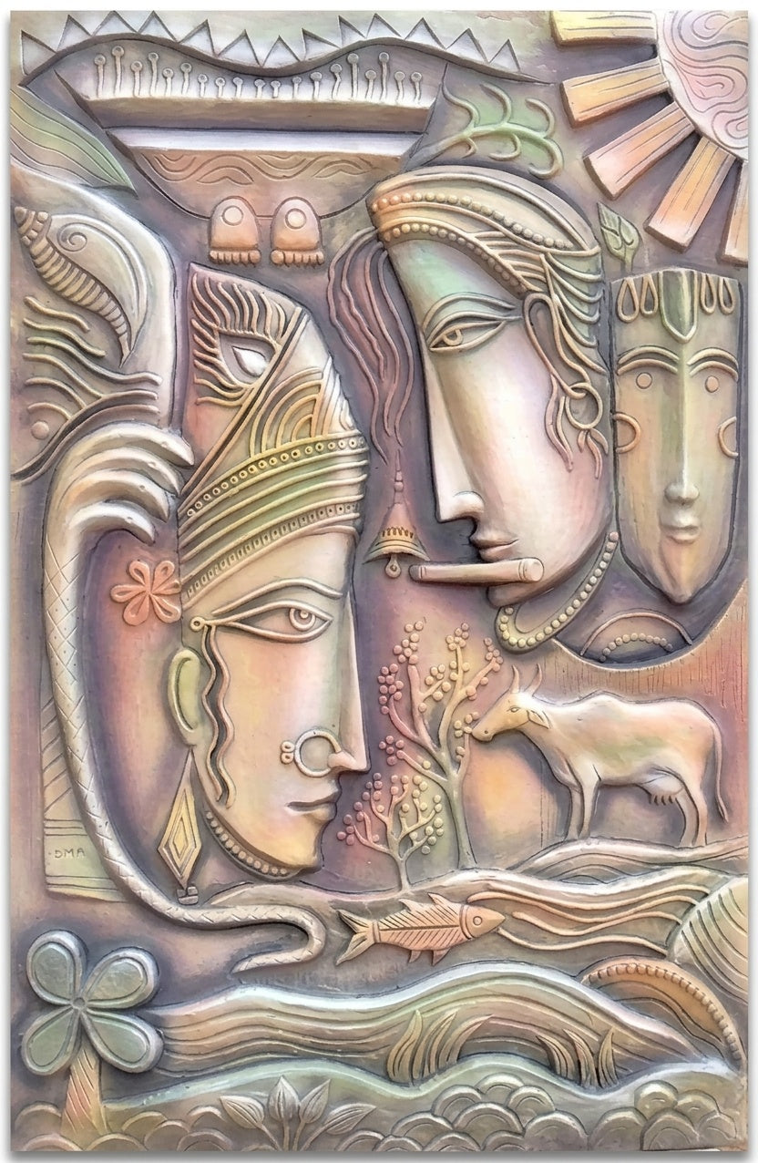 Radha Krishna with Kamadhenu Cow 3D Relief Sculpture Wall Art - Studio Detail