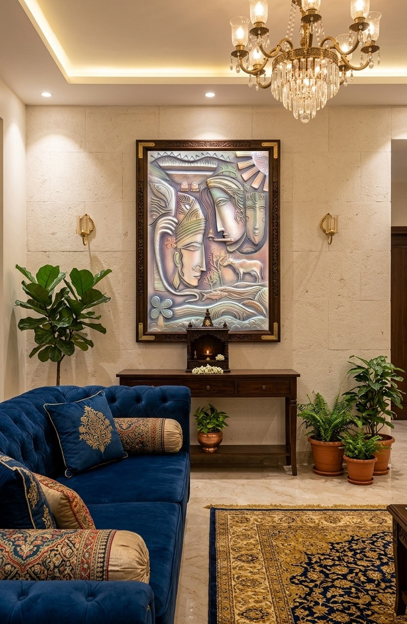 Radha Krishna with Kamadhenu Cow 3D Relief Sculpture Wall Art - Room Mockup 1