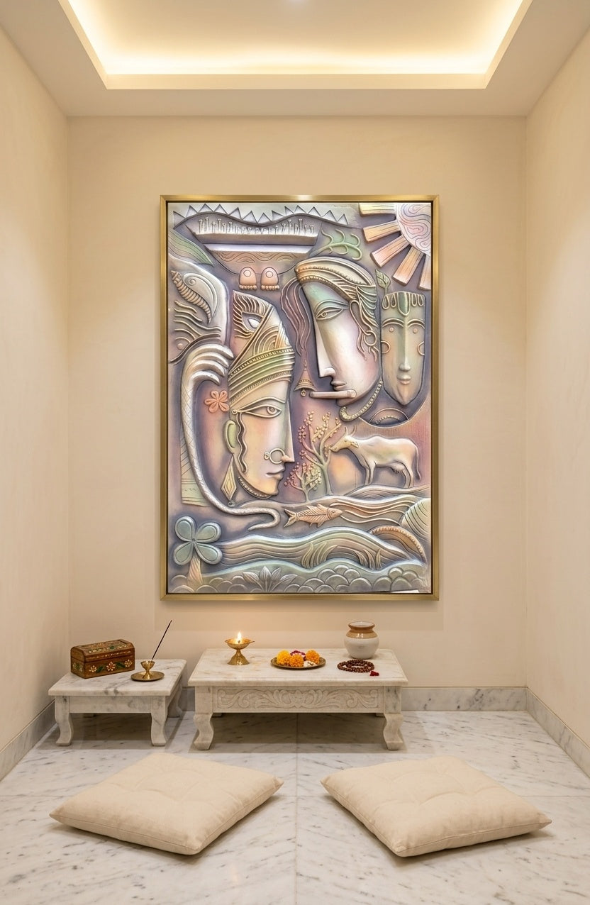 Radha Krishna with Kamadhenu Cow 3D Relief Sculpture Wall Art - Room Mockup 2