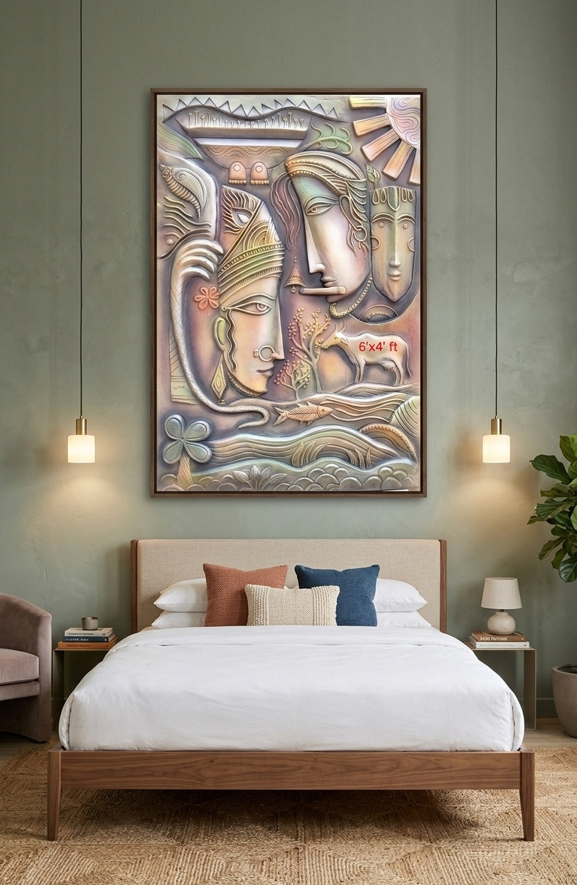 Radha Krishna with Kamadhenu Cow 3D Relief Sculpture Wall Art - Room Mockup 3