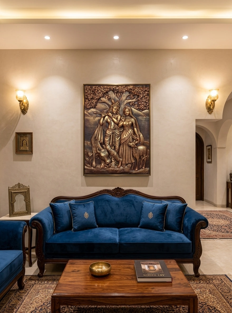 Divine Radha Krishna with Cow 3D Relief Mural Wall Art - Room Mockup 1