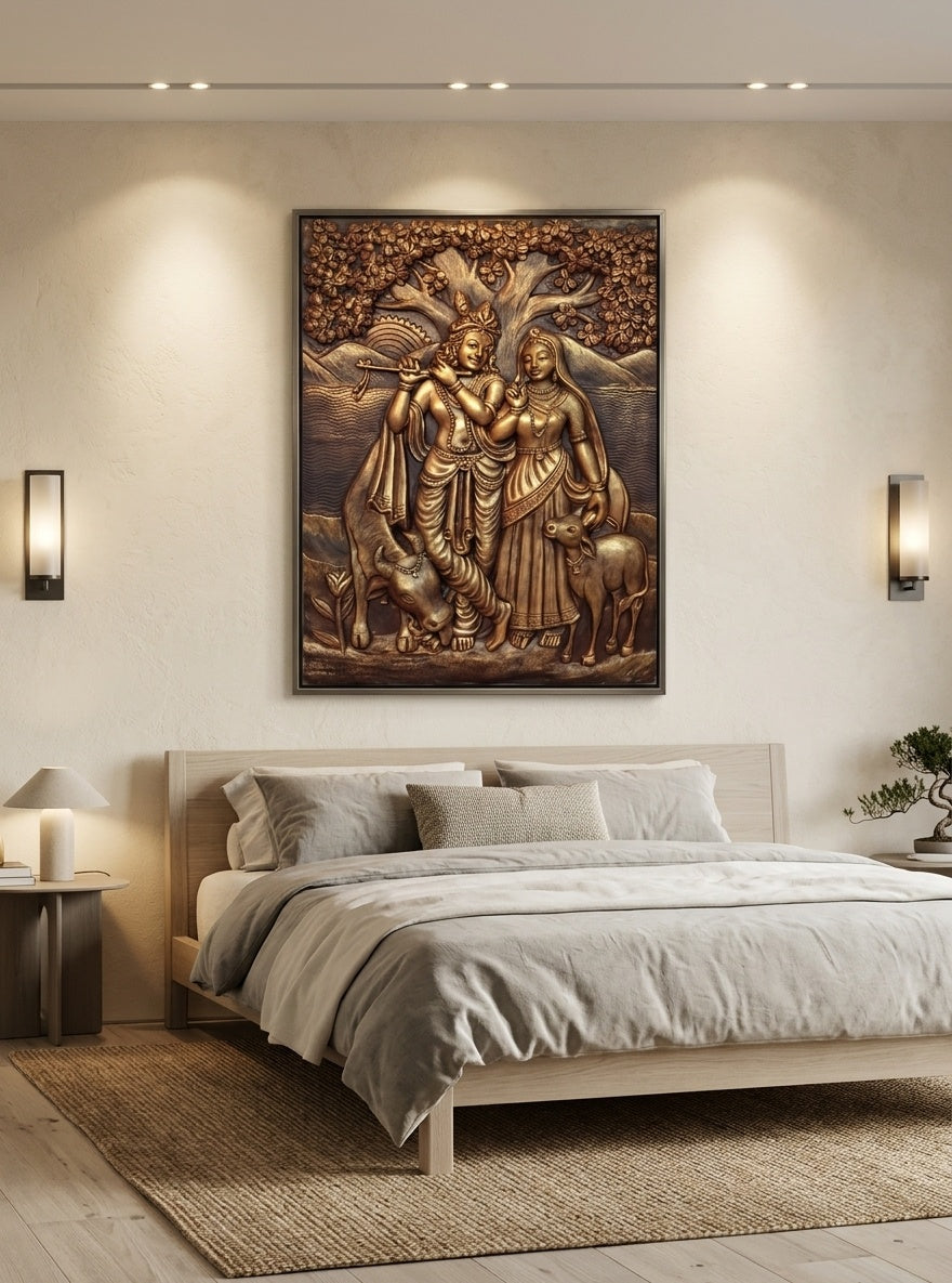 Divine Radha Krishna with Cow 3D Relief Mural Wall Art - Room Mockup 3